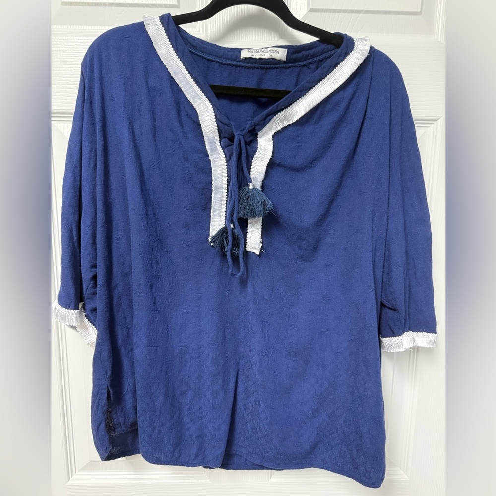 Boho Blue Tassel Tie V-Neck Tunic with White Trim size L
